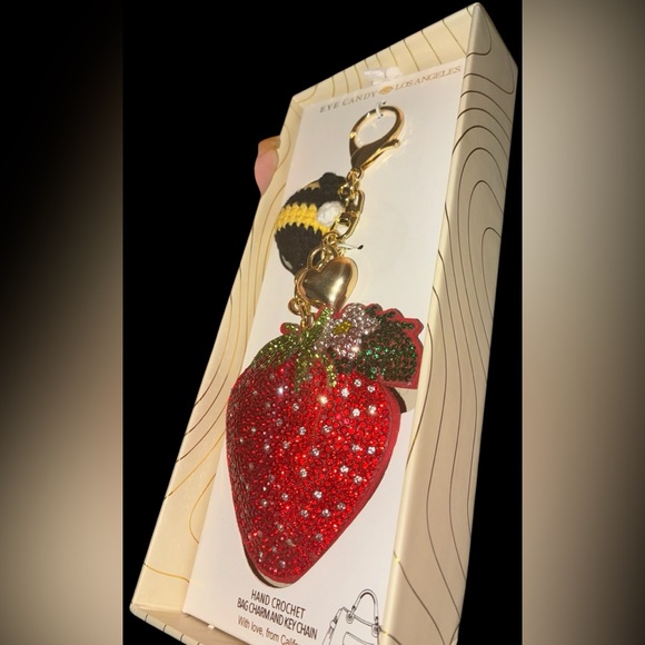 EYE CANDY LA Hand-Crocheted & Beaded Strawberry Bumblebee Keychain Bag Charm NWT - Picture 5 of 9